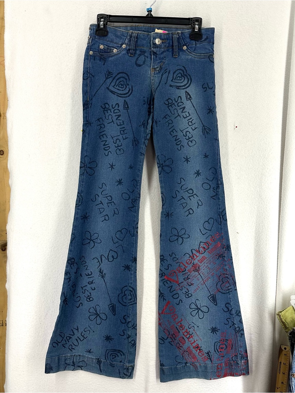 Sharagano Y2K Graffiti Flare Jeans Women’s Medium Low Rise Wide Leg Blue